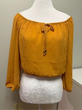 Pink Rose Mustard Yellow Elastic-Neck Women’s Blouse Size Small